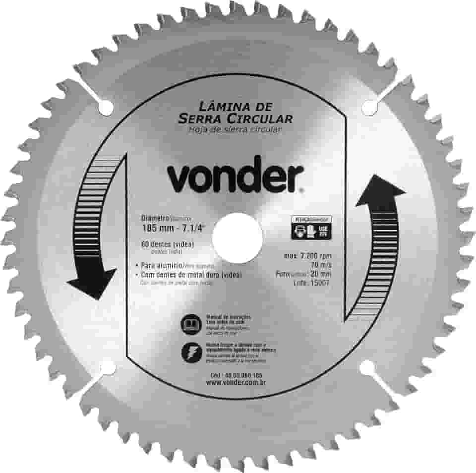 Vonder, Lâmina De Serra Circular Com Vídea, Para Alumínio, 185 Mm X 20 Mm X 60 Dentes.