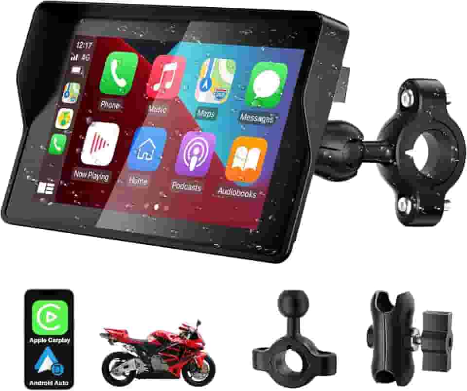 YCV Tela Carplay para motocicleta, CarPlay sem fio e Android Auto para motocicleta, tela sensível ao toque IP67 de 5 polegadas à prova d'água, navegação GPS de motocicleta Carplay, Bluetooth duplo, EQ