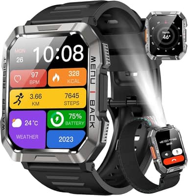 Relógio Inteligente,Smartwatch Militar,My Watch de Chamadas Bluetooth,Relógio de Fitness,Rastreador de Fitness e Rastreador de Atividades,IP68 à Prova D'água,Lanterna,Bateria de 900mAh,Preto