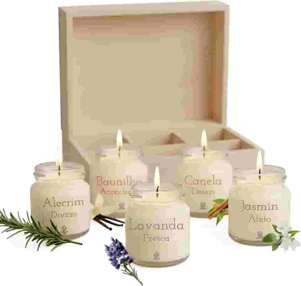 Kit 5 Velas Aromáticas Perfumadas | 50g cada - Alecrim, Baunilha, Lavanda, Jasmim, Canela - Fragrância Intensa - Cera de Coco e Soja