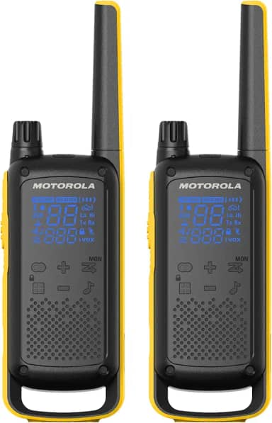 Rádios bidirecionais Motorola T470 Talkabom, de longo alcance, recarregáveis, à prova d'água, 22 canais, 80 km ao ar livre, preto, amarelo, pacote com 2