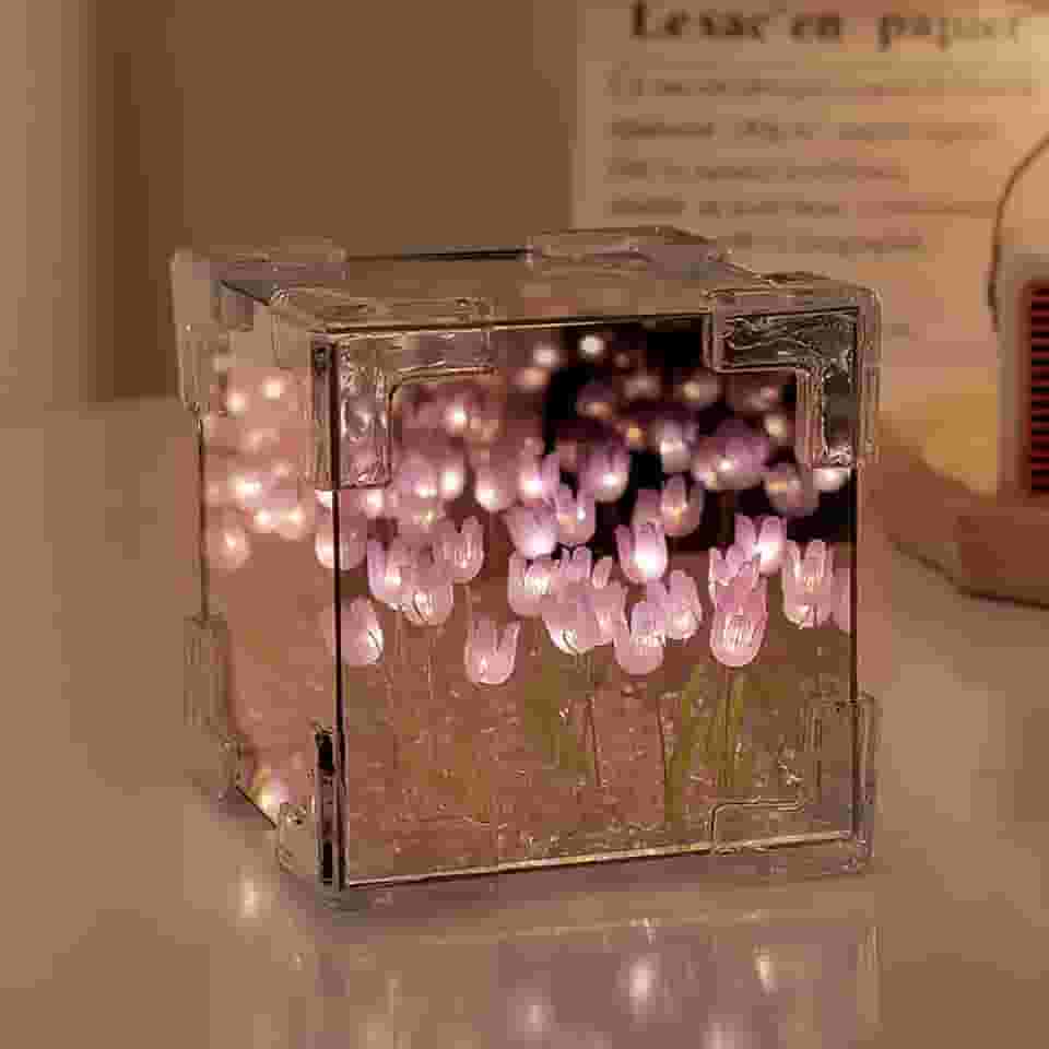 keeda Luminária de Tulipa Cubo Acabado Espelho LED Artesanal Simulada Tulipa Luminária de Mesa DIY Cubo Mágico Criativo Espelho Luz Noturna Lâmpada Tulipa para Dia dos Namorados Aniversário (roxo,