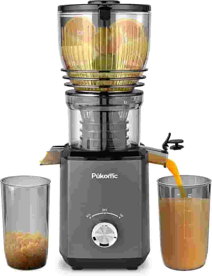 Pukomc Espremedor a frio, extrator de suco de calha de alimentação de 14,7 cm de largura com 300 W, espremedor de mastigação lenta para vegetais e frutas inteiras, alto rendimento de suco, fácil de