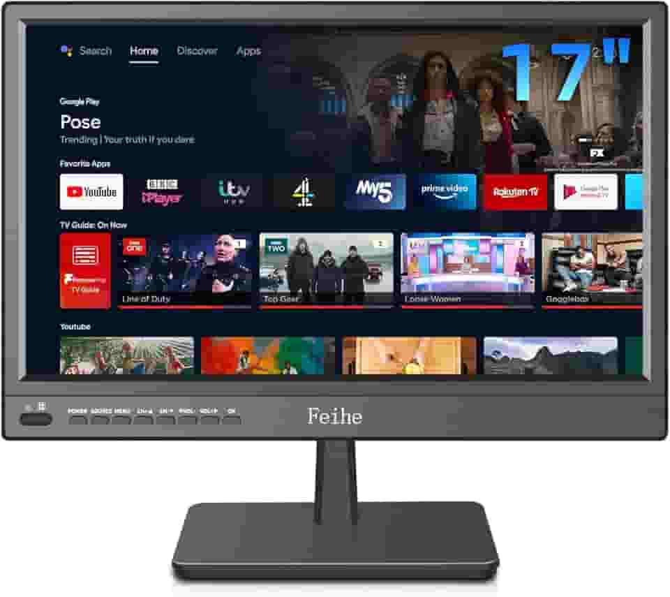 Feihe Smart TV pequena de 43.2 cm sistema operacional Android integrado, tela plana HD compacta Smart TV para cozinha, casa, trailer ou entretenimento em movimento