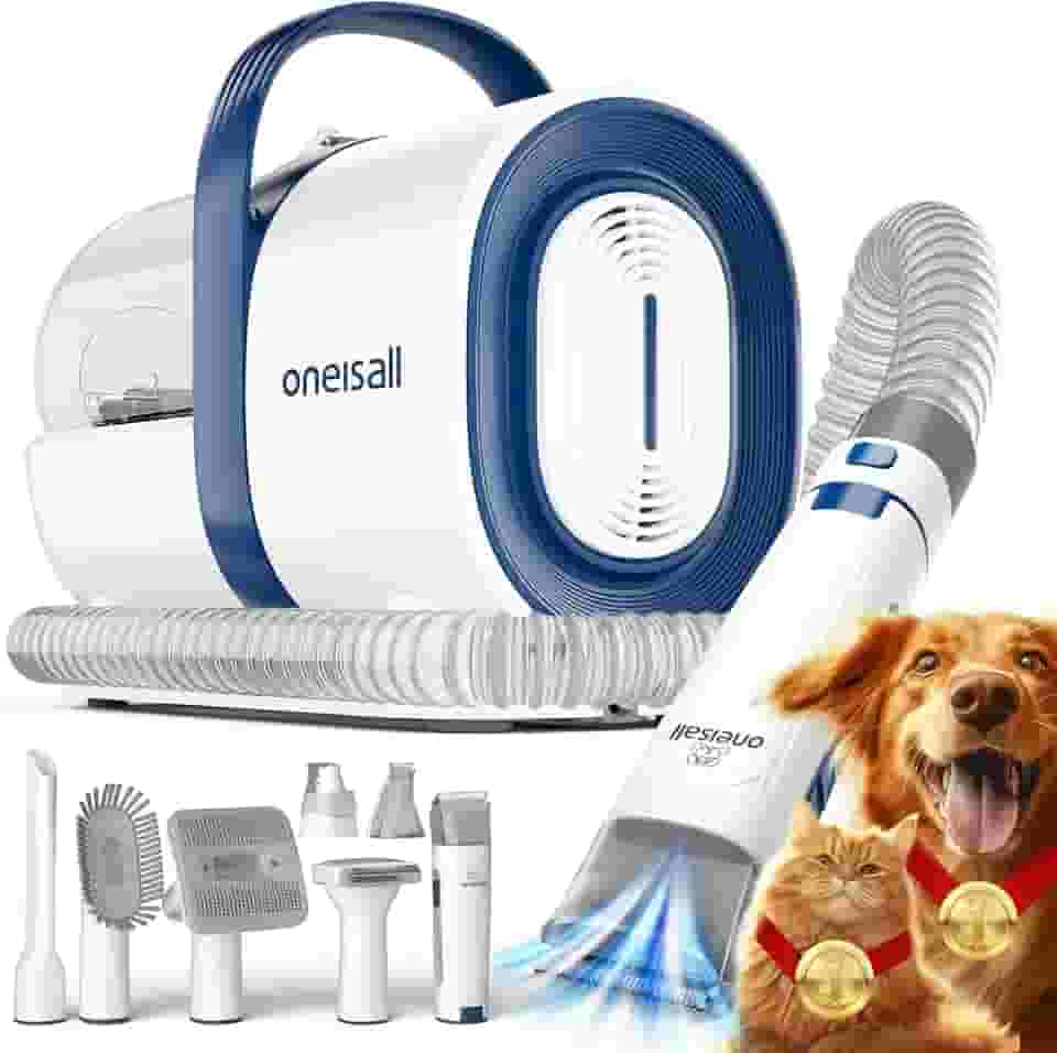 oneisall Aspirador para banho e tosa de cães, aspirador de cuidados para animais de estimação com cortador e lixador de unhas, copo de pó de 1,5 L, escova a vácuo com 7 ferramentas para banho e tosa