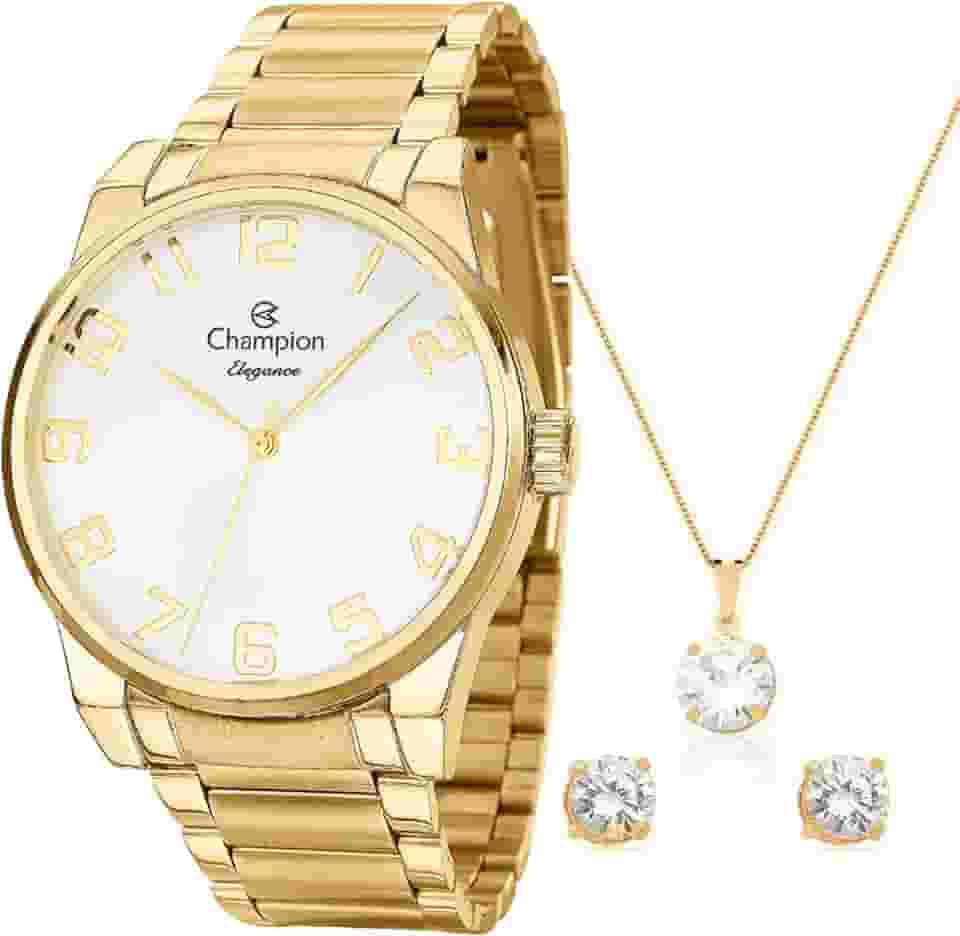 Relógio Feminino Dourado Champion Elegance CN27652W Prova D Agua + Colar e Brincos