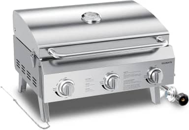 Churrasqueira portátil a gás propano, churrasqueira de mesa de aço inoxidável de 56 cm com 3 queimadores, pernas dobráveis, 30.000 BTU, perfeita para acampamento, viagens de trailer e churrascos de