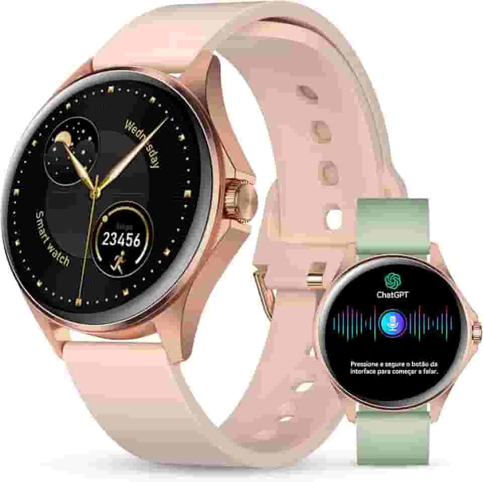 Smartwatch Feminino Relógio Inteligente com IA Chatgpt, 1.32’’ AMOLED,iOS Android, IP68 Água, Frequência Cardíaca, Monitor de Sono, 100 Esportes, 2 Pulseiras