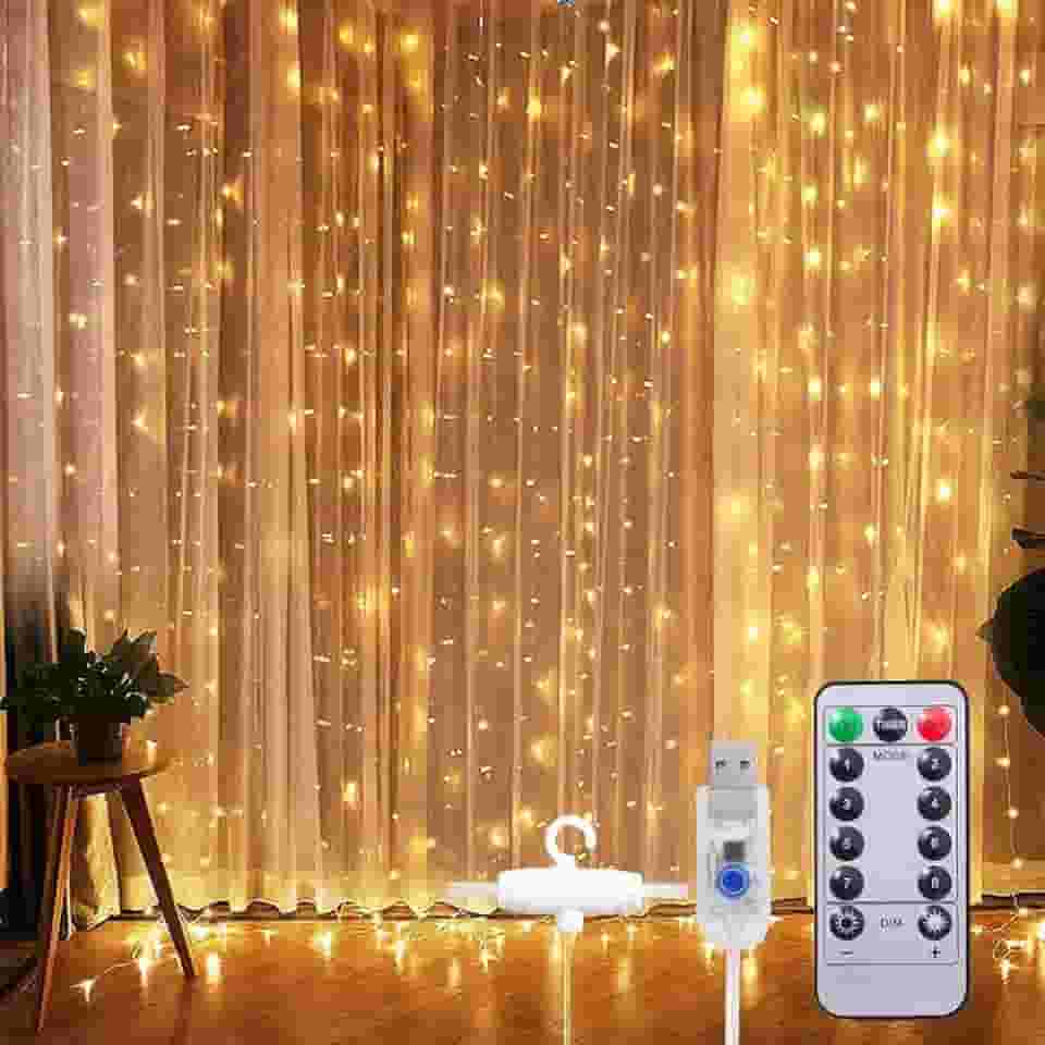 Cortina de Luz LED 3x3m com 300 LEDs Branca Quente | USB, Controle Remoto, 8 Modos, IP68 | Natal, Festa, Casamento, Quarto | A Única Loja Autorizada | Decoração Encantadora com Fio de Fada