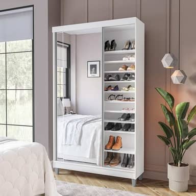 Sapateira 2 Portas de Correr com Espelho e 20 Prateleiras Ajustáveis Diamante Yescasa Branco