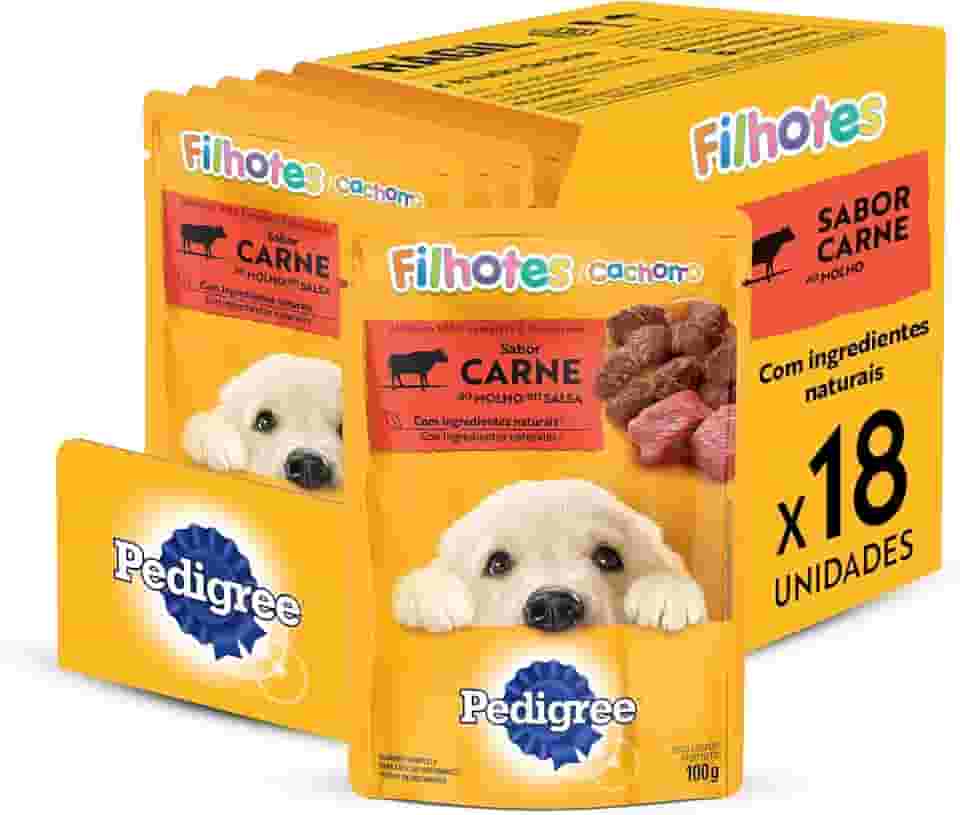 Pack Ração Úmida Pedigree para Cachorros Filhotes, Sachê Carne, 100g - 18 unidades
