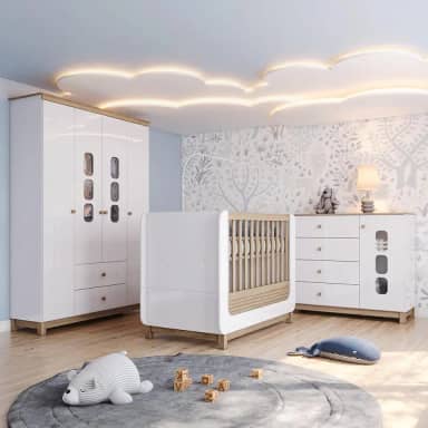 Conjunto Quarto de Bebê Completo Berço 2 em 1, Guarda-roupa e Cômoda Sophia Branco e Jequitiba