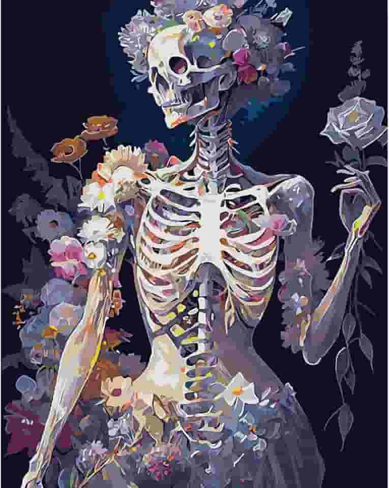 Kits de pintura por números para adultos iniciantes, kits de pintura de caveira simples de acrílico fácil para adultos, kits de pintura de esqueleto em aquarela por números em tela sem moldura para