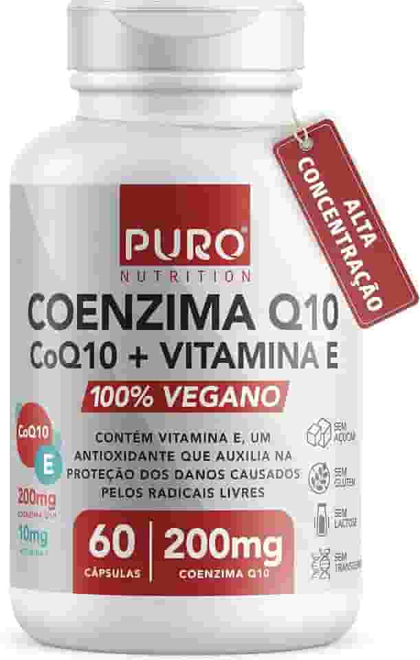 Coenzima Q10 200 mg Puro Nutrition + Vitamina E, CoQ10, 60 Cápsulas, Suplemento Vegano