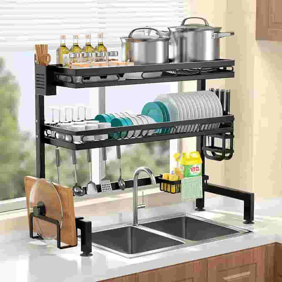 Escorredor De Louças Sobre A Pia, Escorredores De Louça Organizador Pia Suspenso Preto (Preto, 85CM - Dupla Camada)