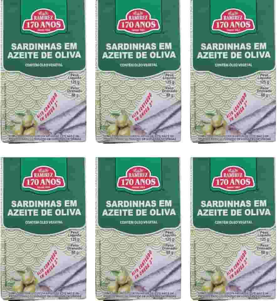 Sardinha em Lata Portuguesa em 100% em Azeite de Oliva Extravirgem 125g - RAMIREZ - Rico em Ômega 3 - Tampa Abre Fácil - Tradição desde 1853-6 Unidades.