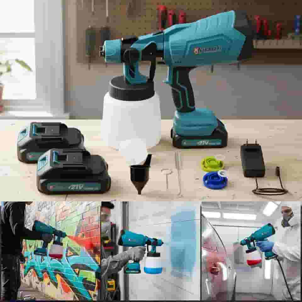 Pistola de Pintura Elétrica Profissional Pulverizadora 1000ml 2 Baterias 21v