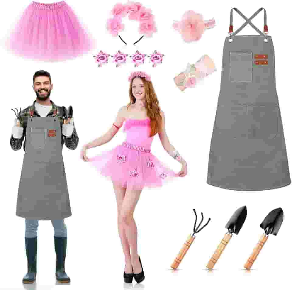 Conjunto de 2 fantasias de casal para adultos, fantasias de Halloween combinando, fantasia de jardineiro e rosas, cosplay para mulheres, homens, amigos, cosplay, festa