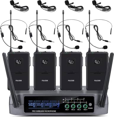 UR-408 Sistema de microfone profissional sem fio de 4 canais com 4 microfones de lapela e 4 fones de ouvido, ideal para festa em casa, cantar, karaokê, reunião, igreja, evento, TV