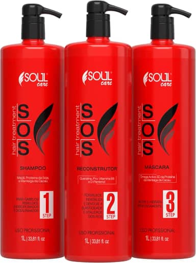 Kit SOS Tratamento Capilar Profissional Reconstrução Cauterização Antiemborrachamento Pós-Química Soul Care - Shampoo, Reconstrutor e Máscara (1l)