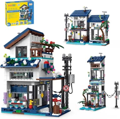 Conjunto de Blocos de Montar Construção de Casa de Praia - Modelo de Construção 3 em 1, Compatível com Blocos de 4,9 mm