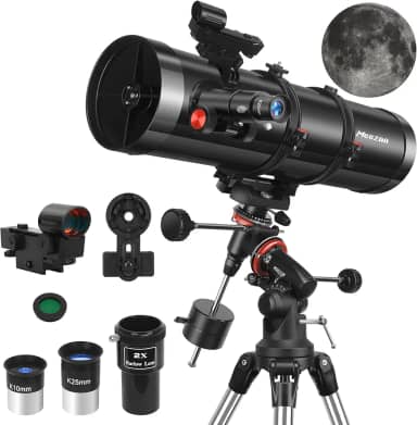 Telescópio refletor MEEZAA 150 EQ para adultos iniciantes em astronomia, profissionais, equatoriais, manuais de astronomia com lentes Barlow 2x, adaptador de telefone, tripé ajustável e filtro de lua