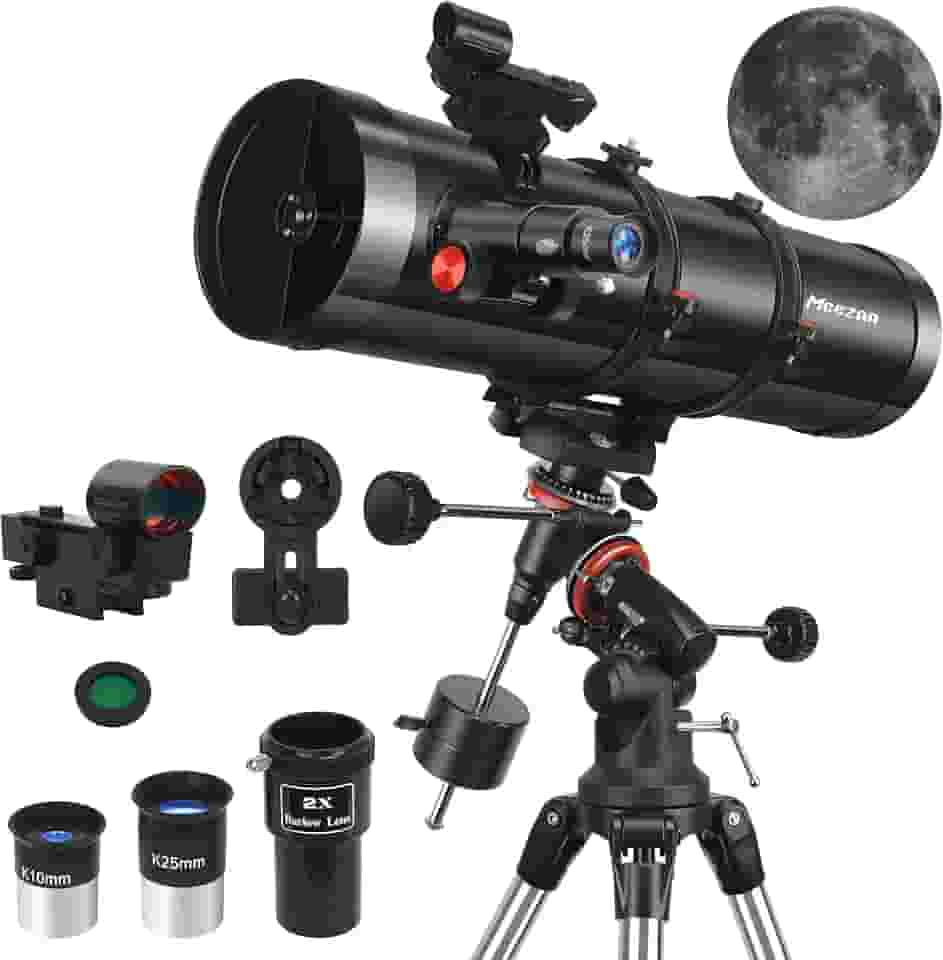 Telescópio refletor MEEZAA 150 EQ para adultos iniciantes em astronomia, profissionais, equatoriais, manuais de astronomia com lentes Barlow 2x, adaptador de telefone, tripé ajustável e filtro de lua