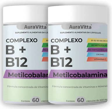 Complexo B Concentrado – B1, B2, B3, B5, B6, B7, B9 (Metilfolato), B12 (Metilcobalamina) + Vitamina C e Cromo - AuraVitta Suplemento Alimentar Concentrado de Vitaminas e Minerais 120 Cápsulas