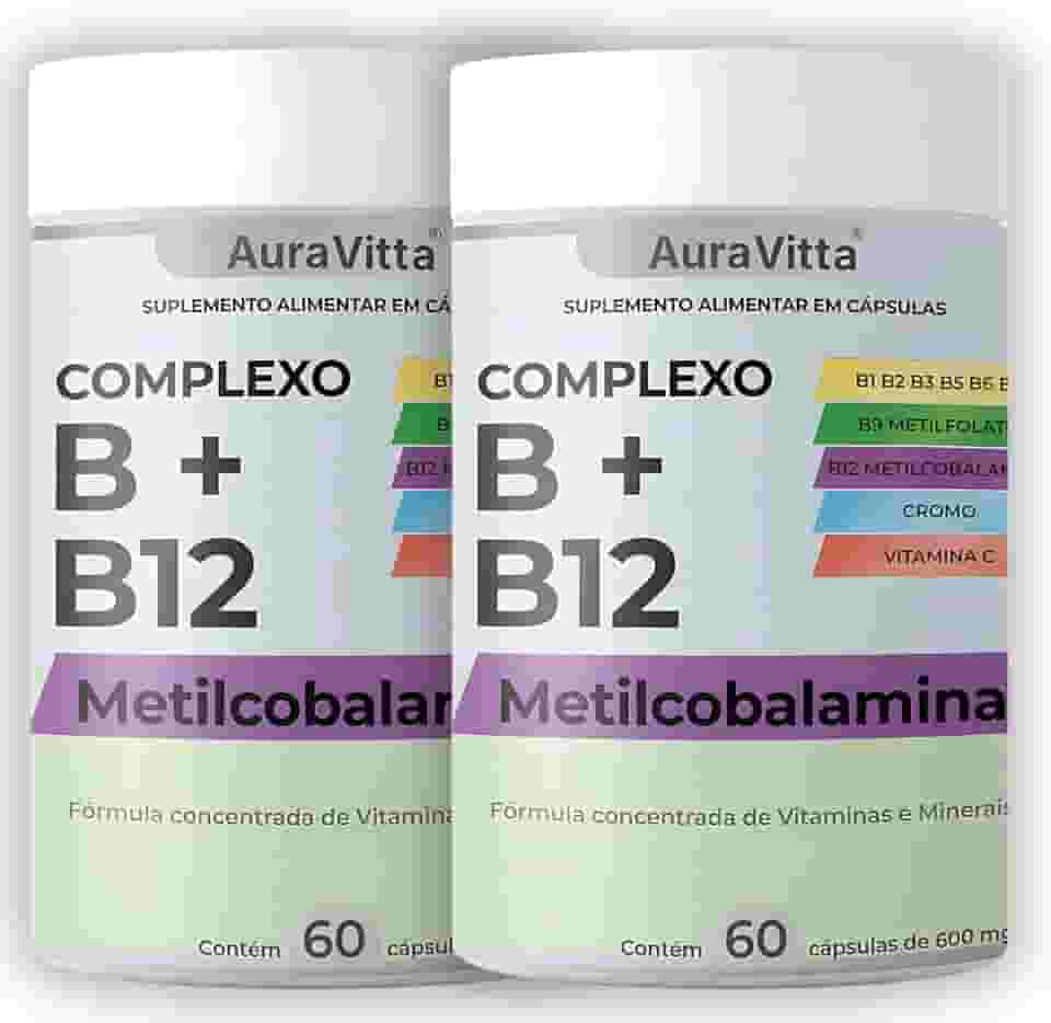 Complexo B Concentrado – B1, B2, B3, B5, B6, B7, B9 (Metilfolato), B12 (Metilcobalamina) + Vitamina C e Cromo - AuraVitta Suplemento Alimentar Concentrado de Vitaminas e Minerais 120 Cápsulas
