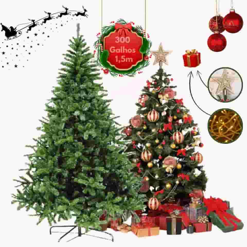 Árvore de Natal Pinheiro Tradicional, 1,50m, 300 Galhos, Verde Premium + Pisca e Estrela ponteira