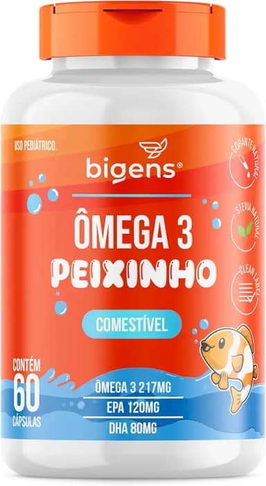 Ômega 3 Peixinho, Concentrado em EPA e DHA, Sabor laranja, 60 Caps Mastigáveis, Bigens