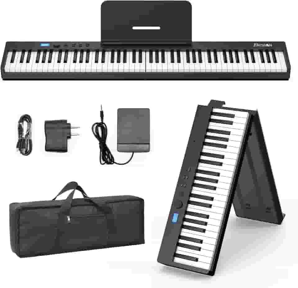 BESFAN Teclado de piano de 88 teclas BSP-10F Piano dobrável portátil com teclas semipesadas, 128 tons, USB MIDI, pedal de sustentação, suporte de música para presentes iniciantes, preto
