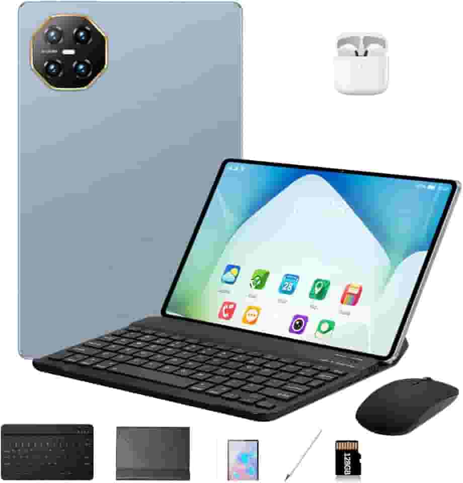 DIVENT-Tablet 3 em 1 com estojo/teclado/mouse/fone de ouvido, 10,1 polegadas, Android 14, 16GB de RAM + 512GB de ROM, câmera de 16MP + 32MP, GPS, Bluetooth, bateria de 8800 mAh, Dual-SIM (Azul)