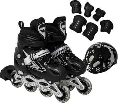 Patins Roller Inline 4 Rodas Skates Ajustavél com Roda Iluminada Jovens e Adultos, Para iniciantes, Uso Interno e Externo + Kit Completo com Capacete e Proteções