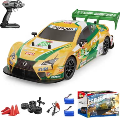 Carro de controle remoto para drift, 1/16 Escala 2.4GHz 4WD 30+KM/H Carro RC de alta velocidade com luzes de LED, pneus extras para drifting Brinquedos para carros de corrida 2 baterias