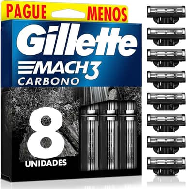Refils Para Barbear Gillette Mach3 Carbono Carga para Aparelho de Barbear com Carvão Ativado 8 Uds