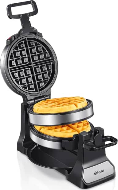 Yabano Máquina de waffle belga – ferro de waffle rotativo profissional com tecnologia de dupla flip, placas antiaderentes, bandeja coletora removível e alças de toque frio, design de aço inoxidável