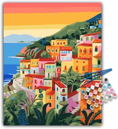 Kit de pintura por números para adultos iniciantes, kits de pintura acrílica à beira-mar por números em tela, pintura com números a óleo aquarela paisagem marítima para adultos, perfeito para