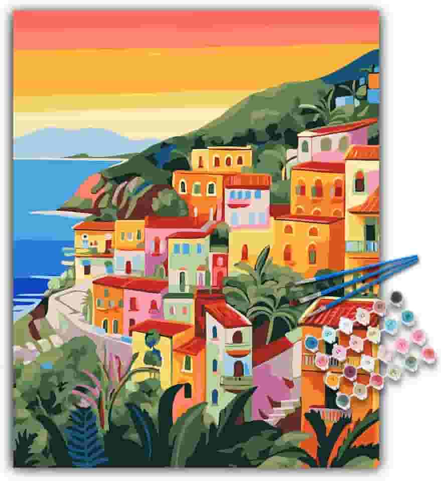 Kit de pintura por números para adultos iniciantes, kits de pintura acrílica à beira-mar por números em tela, pintura com números a óleo aquarela paisagem marítima para adultos, perfeito para