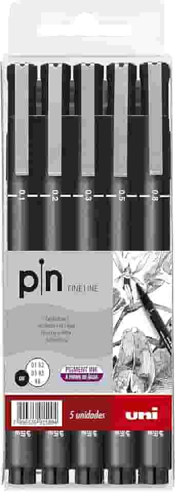 Caneta Técnica Pin Fine Line, Uni-Ball, Preta, Estojo c/5 unidades (0.1, 0.2, 0.3, 0.5 e 0.8 mm)