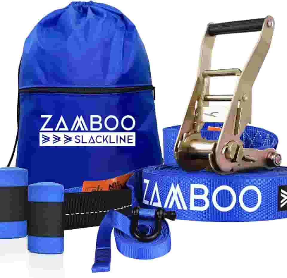 Slackline Zamboo Kit StartLine 15m x 50mm Azul Com Catraca Reforçada, Bolsa, BackUp e Protetores Suporta 3 Ton Ideal para Iniciantes Desenvolve Equilíbrio, Coordenação e Tonifica os Músculos