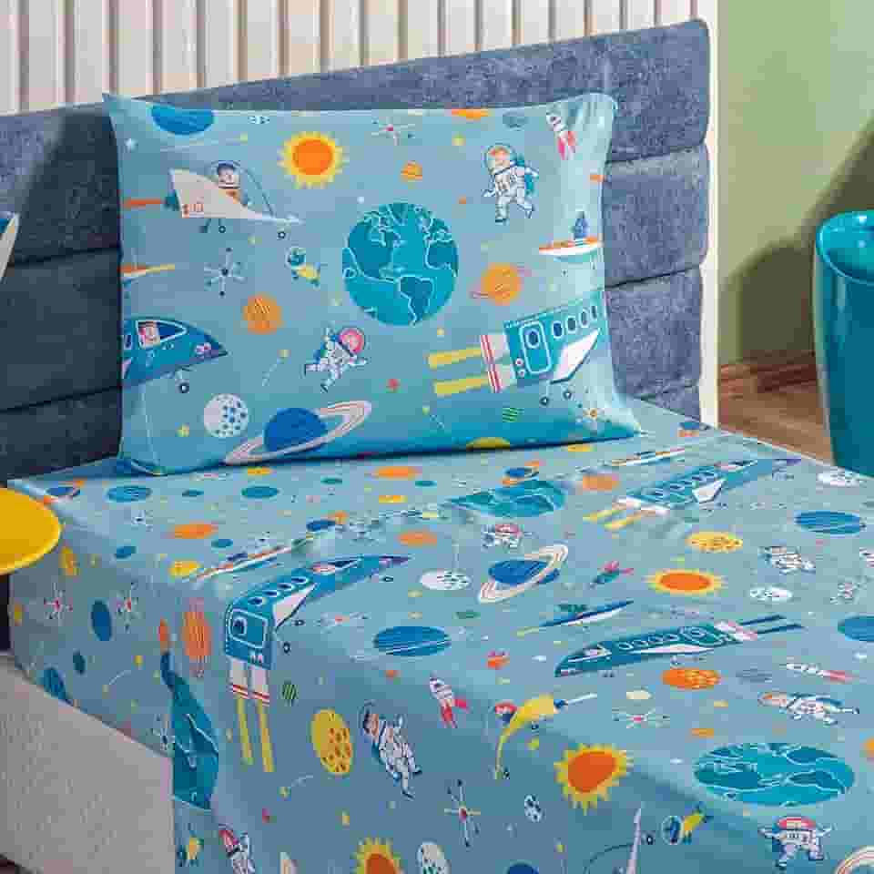 Jogo de Cama Lençol Solteiro Infantil Bout 03 Peças Lindo Macio kids (astronauta)
