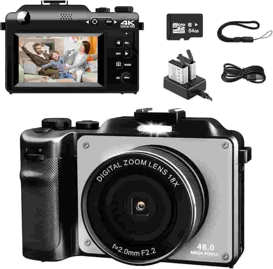 Câmera Digital 4K para Fotografia, Câmera Vlogging de 48 MP para YouTube, cartão TF de 64 GB, tela LCD de 3', antirvibração, zoom digital de 18x, câmeras digitais compactas para viagens/adolescentes