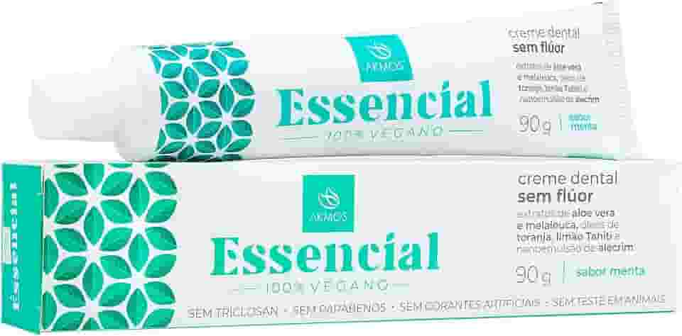 Creme Dental Natural Vegano Akmos Essencial, Sabor Menta, com Óleos Essenciais e Aloe Vera, Sem Flúor