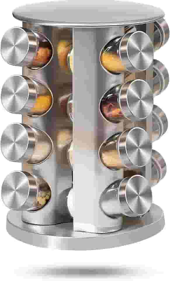 Porta Condimentos Temperos Giratório com 16 Potes de Vidro e Tampa Inox Premium – Kit Completo para Armazenar Temperos na Cozinha com Suporte Giratório Resistente e Design Funcional