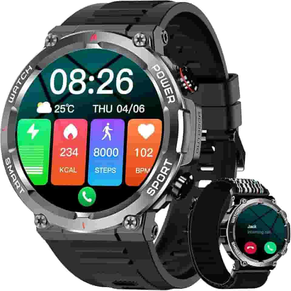 Smartwatch Militar Masculino,Relógio Inteligente com Chamadas,Tela HD de 1.39',2 Alças,100+ Modos Esportivos,Resistente à Água e Compatível com iOS e Android
