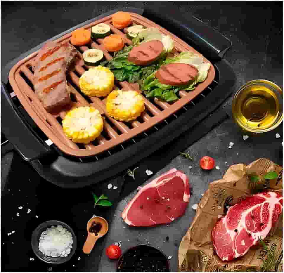 Grelha Grill Elétrico por Indução Portátil Antiaderente – Churrasqueira Elétrica Sem Fumaça para Carnes, Legumes e Peixes, Design Compacto e Potente