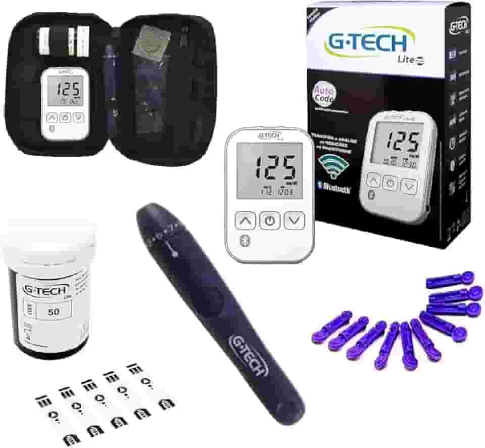 Kit Medidor de Glicose G-Tech Lite Smart Bluetooth 60 Tiras 10 Lancetas + Caneta e Estojo