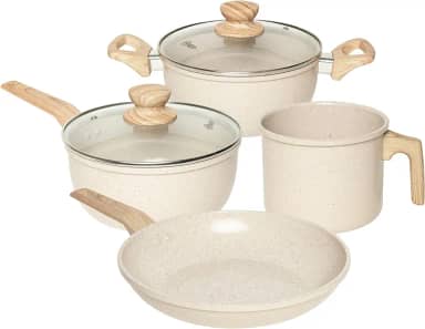 OSTER JOGO DE PANELAS E LEITEIRA MARBLE EDITION CREAM – 4 PEÇAS COM REVESTIMENTO CERÂMICO ANTIADERENTE, ALÇAS EM SILICONE ANTITÉRMICO E BASE COMPATÍVEL COM INDUÇÃO