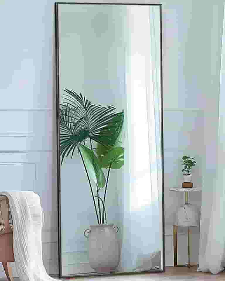 Antok Espelho de comprimento total, espelho de chão de 147 x 45 cm com suporte, espelhos suspensos montados para quarto, sala de estar, vestiário, sala de jantar, preto, retangular